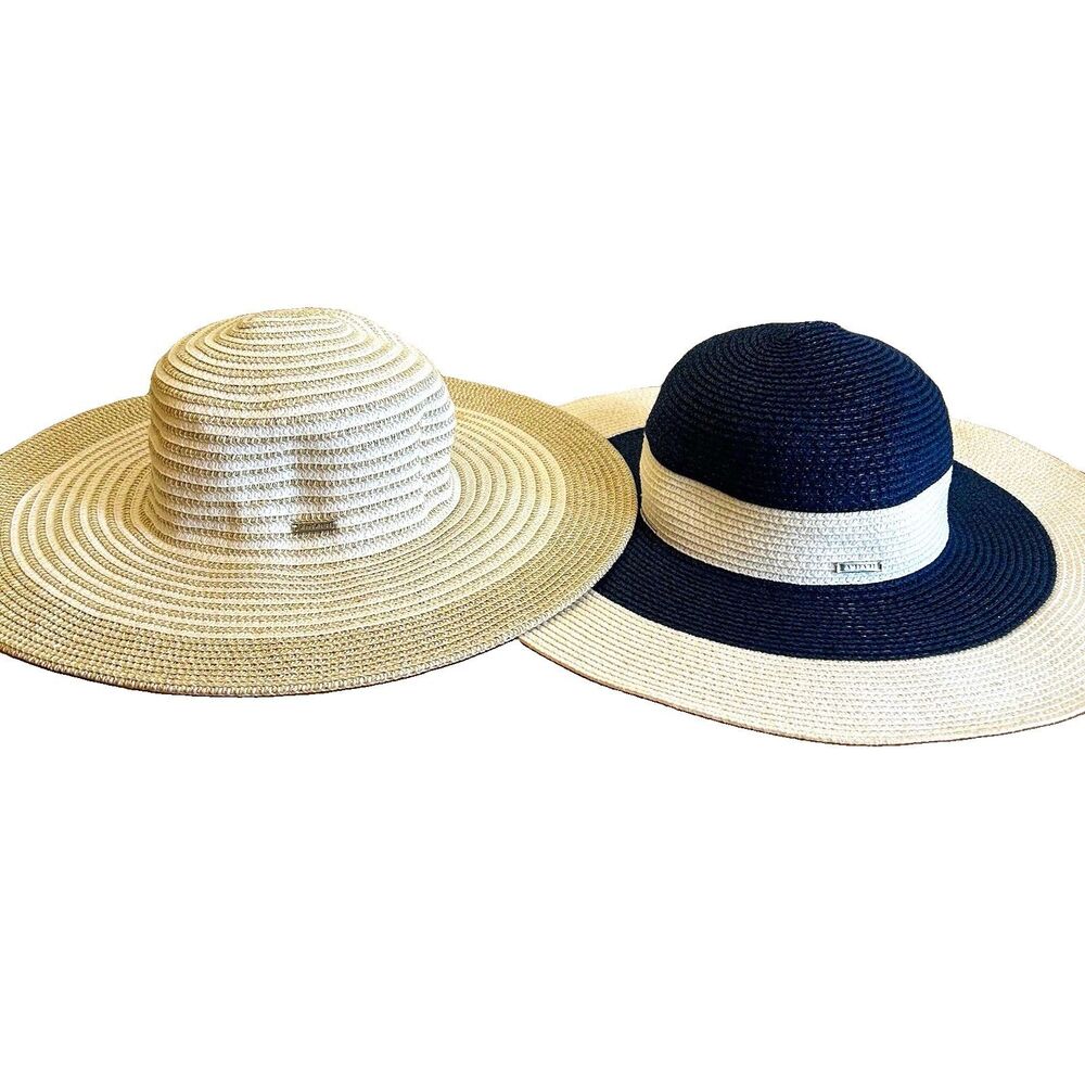 AMIANI Women’s Wide Brim Straw Sun Hat, Beige/Navy Colorblock, One Size